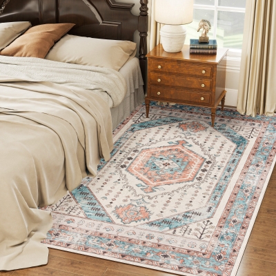 HOMCOM 5x7 Vintage Washable Non-Slip Area Rug, Brown/Blue