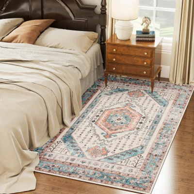 HOMCOM 4x6 Vintage Washable Non-Slip Rug, Brown and Blue