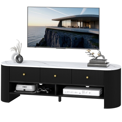 HOMCOM TV Stand, Modern TV Table with Marble-Effect Top, 3 Drawers and 2 Open Shelves for 32-65 Inch Television, Black