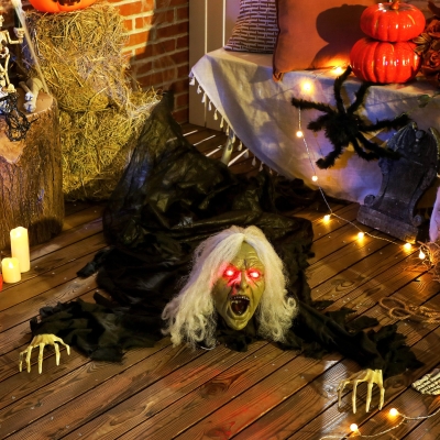 Outsunny 72" Life Size Halloween Animated Crawling Zombie with Glowing LED Eyes, Battery Operated, Indoor Outdoor Party Props