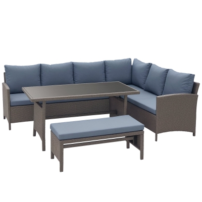 Outsunny 4 Piece Outdoor Patio Rattan Wicker Dining Table Bench Patio Furniture Sofa