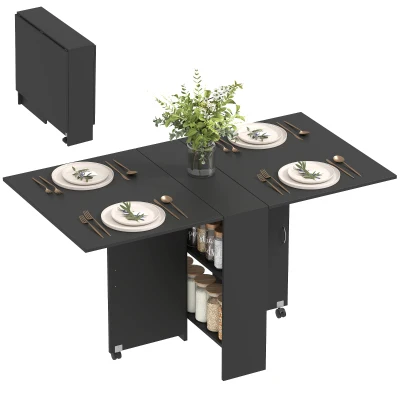 HOMCOM Extendable Dining Table, Collapsible Folding Table w/ 2-tier Shelves and Rolling Casters, Black