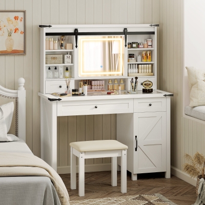 HOMCOM Vanity Desk Set with Mirror, Lights, Drawer & Stool, White