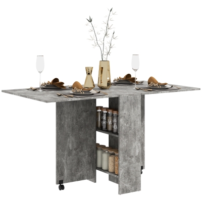HOMCOM Extendable Dining Table, Collapsible Folding Table w/ 2-tier Shelves and Rolling Casters, Grey