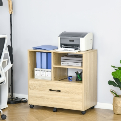 Vinsetto Lateral Filing Cabinet with Open Storage Shelf, Printer Stand, Mobile Office File Cabinet with Wheels for Letter and Legal Sized Files, Natural