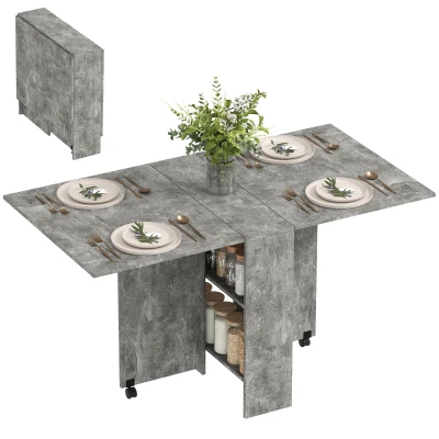 HOMCOM Extendable Dining Table, Collapsible Folding Table w/ 2-tier Shelves and Rolling Casters, Grey