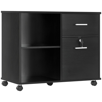 Vinsetto Lateral Filing Cabinet with Wheels, Locking File Cabinet, Mobile Printer Stand with Open Shelves and Drawers for A4 Size Documents, Black