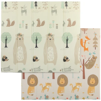 Qaba Double Sided Baby Play Mat, Reversible & Waterproof Foldable Crawling Mat, Animal Theme