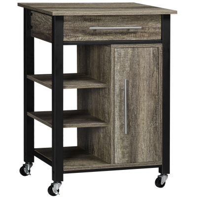HOMCOM Kitchen Trolley Utility Cart on Wheels with Storage Shelves & Drawer for Dining Room, Dark Oak