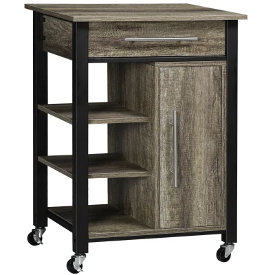 HOMCOM Kitchen Trolley Utility Cart on Wheels with Storage Shelves & Drawer for Dining Room, Dark Oak