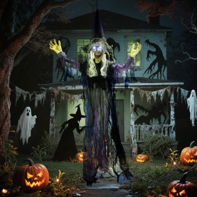 Outsunny Life Size Halloween Animated Hanging Witch with Glowing LED Eyes, Scary Halloween Decorations, Battery Operated