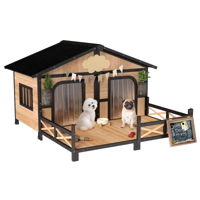 PawHut Dog House Outdoor, Wooden Dog Kennel Weatherproof with Porch, Openable Roof, Removable Bottom, Elevated Floor, Double Room for 2 Small to Medium Breeds, Natural(m-1)