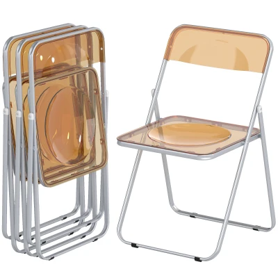 HOMCOM 4 Pack Acrylic Foldable Chairs, Transparent Folding Chairs for Living Room, Dining Room, Home Office, Party, Orange