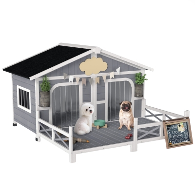 PawHut Large Weatherproof Dog House with Porch, Gray