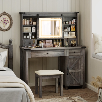 HOMCOM Vanity Desk Set with Mirror, Lights, Storage & Stool, Gray