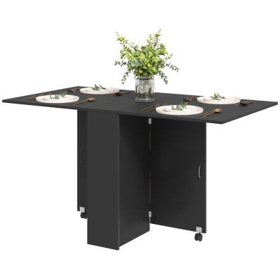HOMCOM Extendable Dining Table, Collapsible Folding Table w/ 2-tier Shelves and Rolling Casters, Black