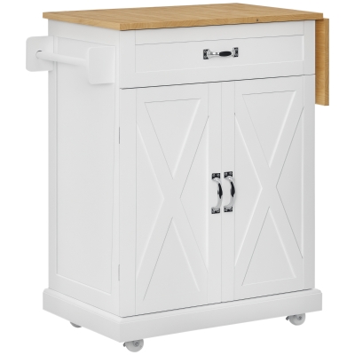 HOMCOM Foldable Kitchen Island with Storage Drawer, Farmhouse Style Rolling Utility Cart, Coffee Bar Cabinet on Wheels with Drop-Leaf Wood Top, White