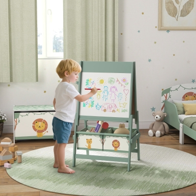 Qaba Art Easel for Kids, Double-Sided Whiteboard & Chalkboard with Paper Roll, 2 Storage Boxes, Gift for Boys, Girls, Green