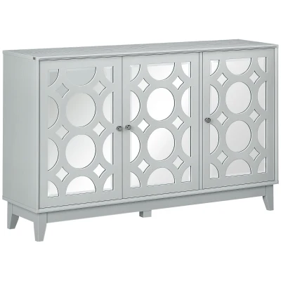 HOMCOM Sideboard Kitchen Buffet Table with 3 Mirrored Doors, 2 Cabinets  and Adjustable Shelf, Gray