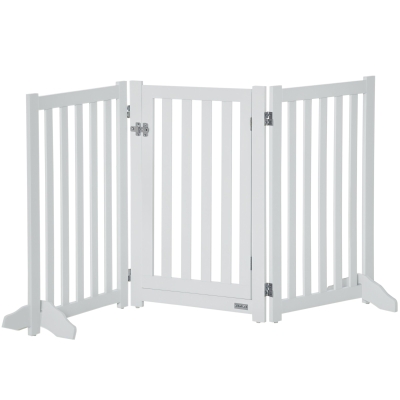 PawHut 31.5"H Foldable Dog Gate with Door, 3 Panels Freestanding Pet Gate Barriers Indoor with Support Feet, Puppy Fence for Small Medium Dogs, White