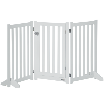 PawHut 31.5"H Foldable Dog Gate with Door, 3 Panels Freestanding Pet Gate Barriers Indoor with Support Feet, Puppy Fence for Small Medium Dogs, White