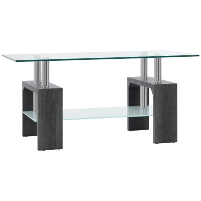 HOMCOM Rectangle Glass Coffee Table, 2-Tier Center Table with Tempered Glass Top and Storage Shelf for Living Room, Grey