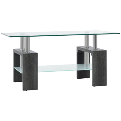 HOMCOM Rectangle Glass Coffee Table, 2-Tier Center Table with Tempered Glass Top and Storage Shelf for Living Room, Grey