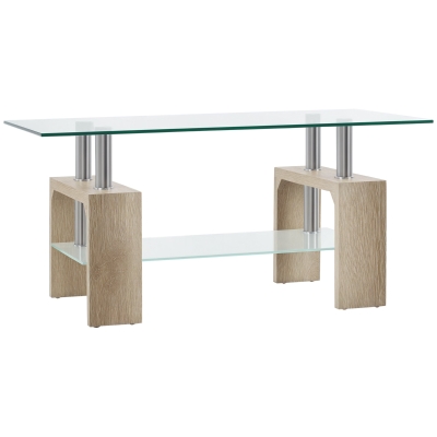 HOMCOM Rectangle Glass Coffee Table, 2-Tier Center Table with Tempered Glass Top and Storage Shelf for Living Room, Natural