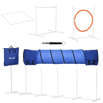 PawHut 5Pcs Dog Agility Training Equipment with 8.7KG Net Weight, Pet Agility Set with Tunnels, Adjustable Jump Ring, Jumper, Weave Poles, Square Pause Box, Carrying Bag, Whistle