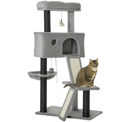 PawHut 47" Cat Tree for Indoor Cats, Kitty Activity Center, Cat Tower with Cat Ear Bed Ramp Condo Hammock Hanging Ball Toys Sisal Rope Scratching Post, Light Grey