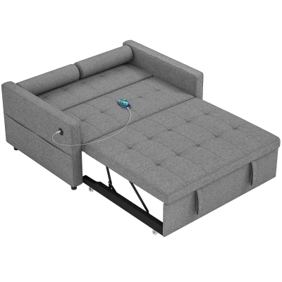 HOMCOM Pull Out Sofa Bed, Sleeper Sofa Couch with USB‑A+C, Small Linen Loveseat Futon Couch for Living Room, Grey