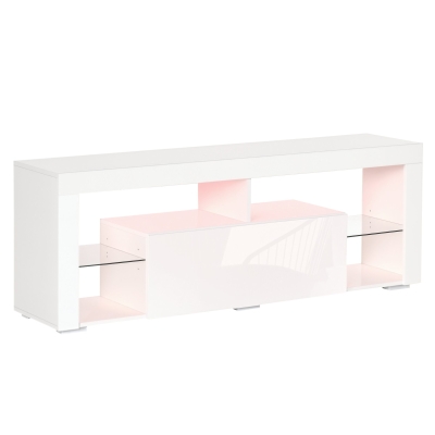 HOMCOM TV Stand for 55-Inch TVs, High Gloss TV Bench with LED Lights, Remote Control, Storage Drawer and Shelves, Entertainment Unit for Living Room, Bedroom, White