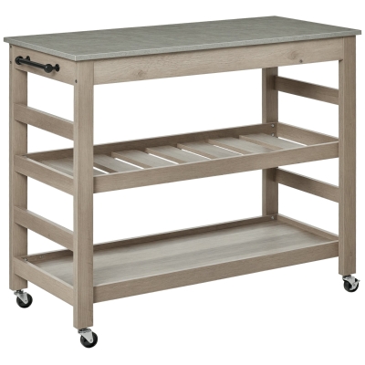 HOMCOM Kitchen Cart Rolling Kitchen Island Utility Trolley with Concrete Effect Top & Storage Wine Rack, Grey