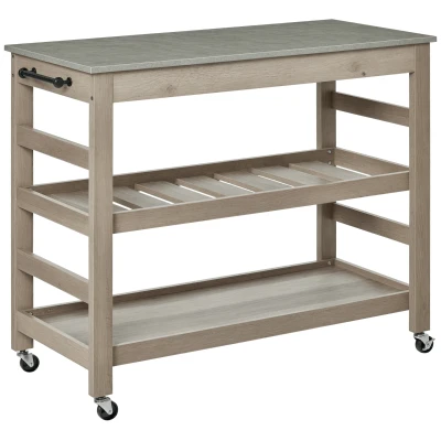 HOMCOM Kitchen Cart Rolling Kitchen Island Utility Trolley with Concrete Effect Top & Storage Wine Rack, Grey