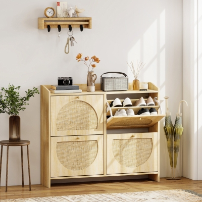 HOMCOM 4 Flip-Drawer Shoe Cabinet, Shoe Storage Cabinet with Rattan Doors and Adjustable Shelves, Holds 16 Pairs, Natural