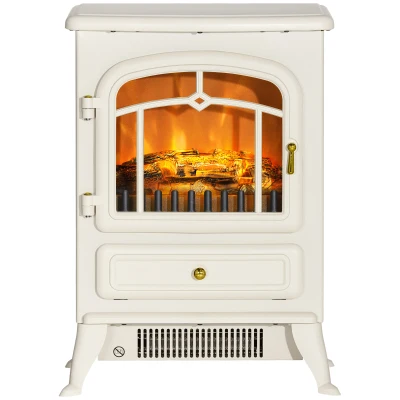 HOMCOM 16" Freestanding Electric Fireplace Heater Fire Stove with Wood Burning Flame 750/1500W Beige