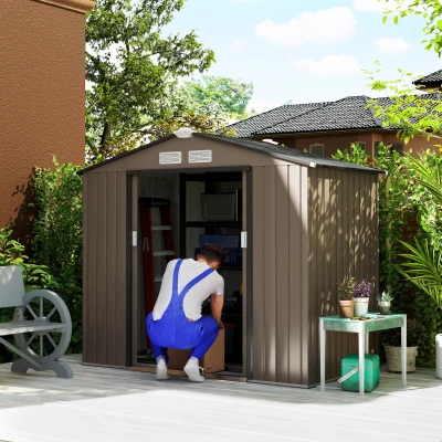 Outsunny 7' x 4' Outdoor Storage Shed, Garden Tool House w/ Foundation Kit Vents & Sliding Doors for Backyard Patio, Brown(m-9)