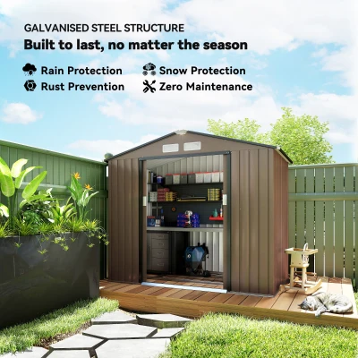 Outsunny 7' x 4' Outdoor Storage Shed, Garden Tool House w/ Foundation Kit Vents & Sliding Doors for Backyard Patio, Brown(m-4)