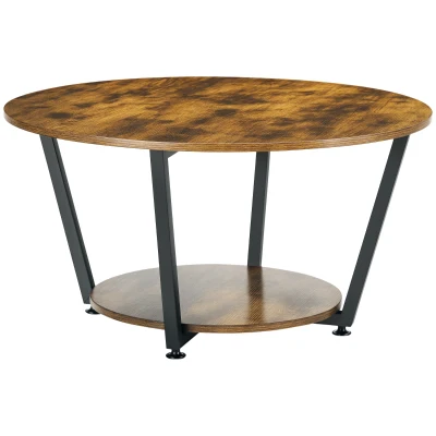 HOMCOM 2-Tier Round Coffee Table with Storage Shelf, Industrial Center Table with Steel Frame for Living Room, Rustic Brown
