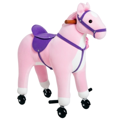 Qaba Kids Rocking Horse, Large Walking Ride on Toy for Toddlers 3 year old, Baby Plush Animal Rocker with Sound and Wheel, Pink