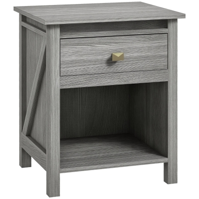 HOMCOM Bedside Table, Farmhouse Nightstand with with Drawer and Storage Shelf, Night Table for Bedroom, Grey