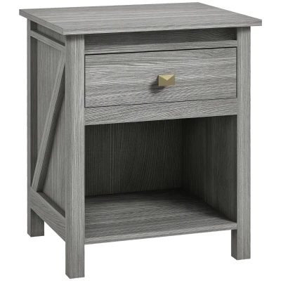 HOMCOM Bedside Table, Farmhouse Nightstand with with Drawer and Storage Shelf, Night Table for Bedroom, Grey