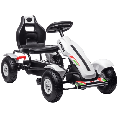 Aosom Pedal Go Kart for Kids, Pedal Car with Adjustable Bucket, Handbrake, 4 Rubber Wheels Powered Ride, White