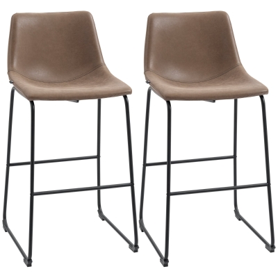 HOMCOM Bar Height Bar Stools Set of 2, Vintage PU Leather Bar Chairs, Kitchen Stools with Footrest for Home Bar, Tan Brown