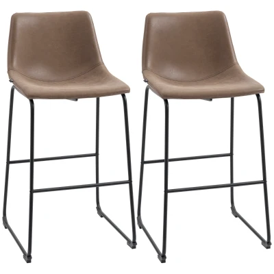 HOMCOM Bar Height Bar Stools Set of 2, Vintage PU Leather Bar Chairs, Kitchen Stools with Footrest for Home Bar, Tan Brown