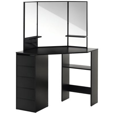 HOMCOM Corner Vanity Desk with Mirror, Makeup Vanity Table with 5 Drawers and Open Shelves, Dressing Table with 3-piece Mirror for Bedroom, Black