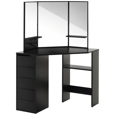HOMCOM Corner Vanity Desk with Mirror, Makeup Vanity Table with 5 Drawers and Open Shelves, Dressing Table with 3-piece Mirror for Bedroom, Black