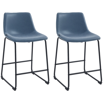 HOMCOM Counter Height Bar Stools Set of 2, Vintage PU Leather Bar Chairs, Kitchen Stools w/ Footrest for Home Bar, Blue