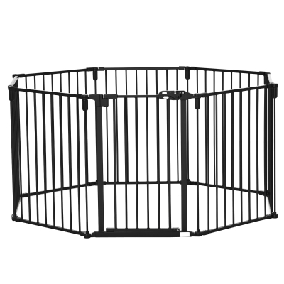 PawHut Dog Safety Gate 8-Panel Playpen Fireplace Christmas Tree Steel Fence Stair Barrier Room Divider Black