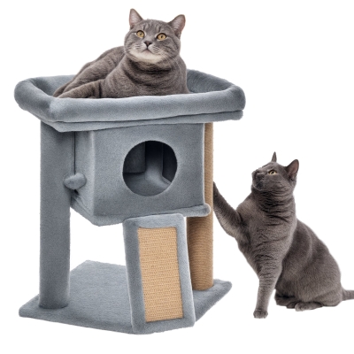PawHut Cat Tree, Small Cat Tower with Perch, Scratching Post, Cat Condo, Toy Ball for Kitty, Indoor Use, Grey